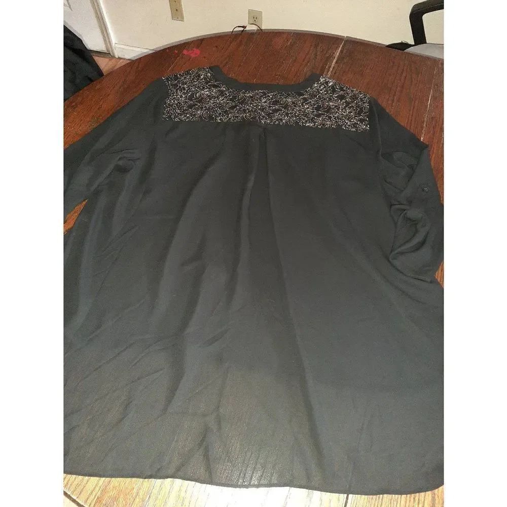 Size 26/28W Cato Black Gold 3/4 Sleeve High Low V- Neck Blouse Shirt Top